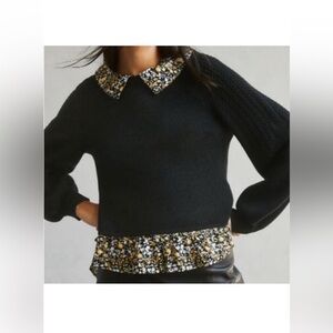 Maeve Anthropologie Black Cable Knit Floral Collar Twofer Sweater, Size XS